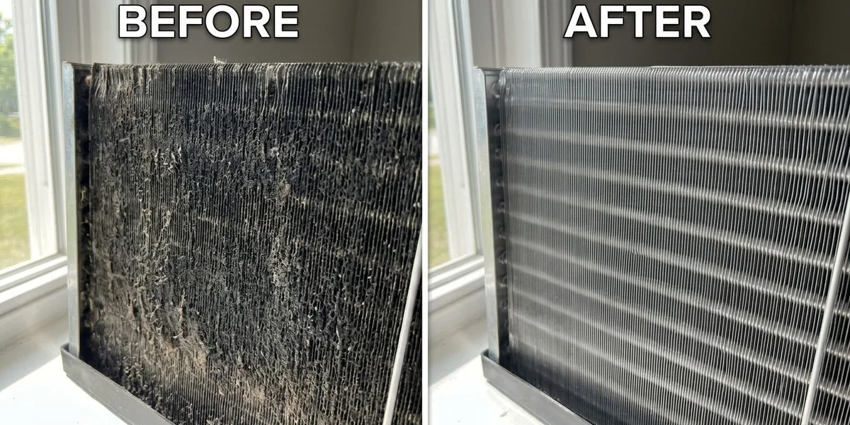 Before and after photo of an aircon evaporator coil — heavy biofilm buildup on the left, clean aluminium fins on the right