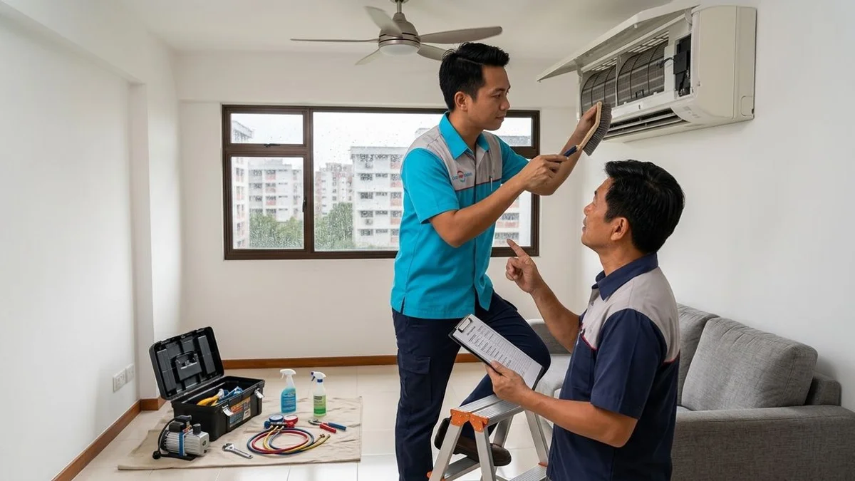 Outdoor aircon condenser units on an HDB external wall with rain clouds gathering above — pre-monsoon Singapore