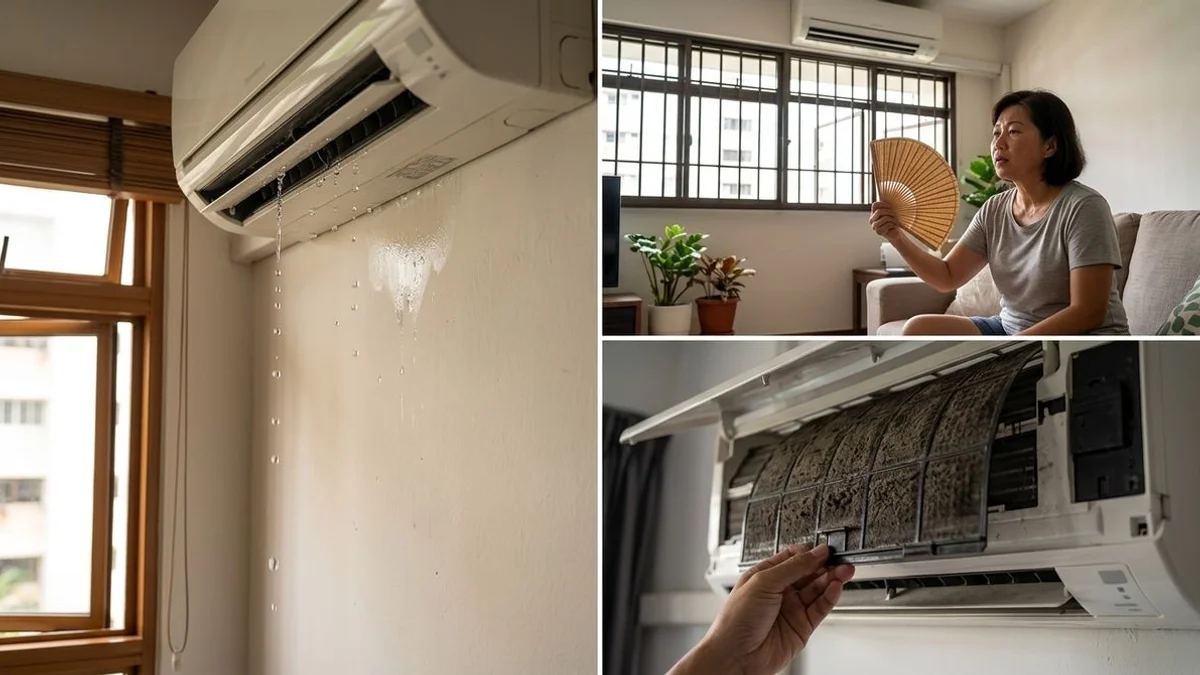 Close-up of a Singapore wall-mounted aircon with visible dust on the louvre and water marks below — clear signs servicing is overdue
