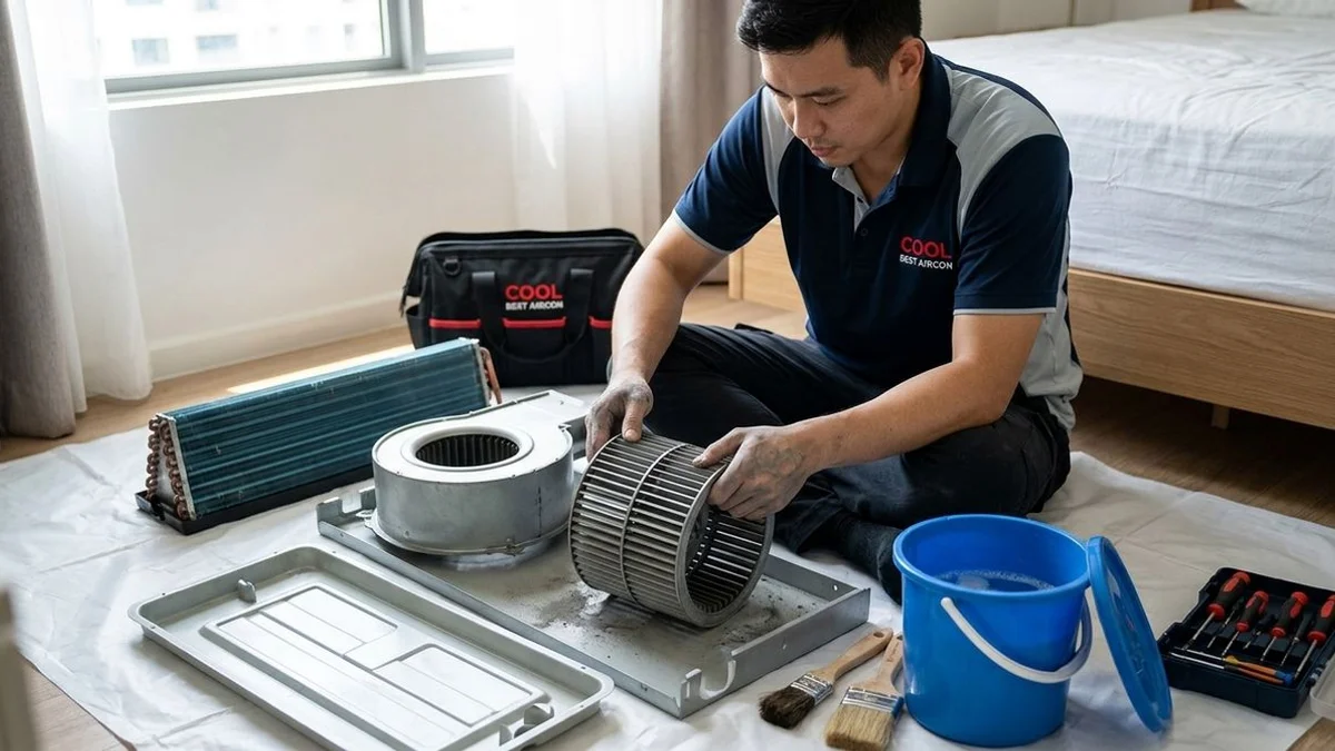 Coolbest technician dismantling a wall-mounted fan coil during a chemical overhaul, with parts laid out on a tarpaulin sheet