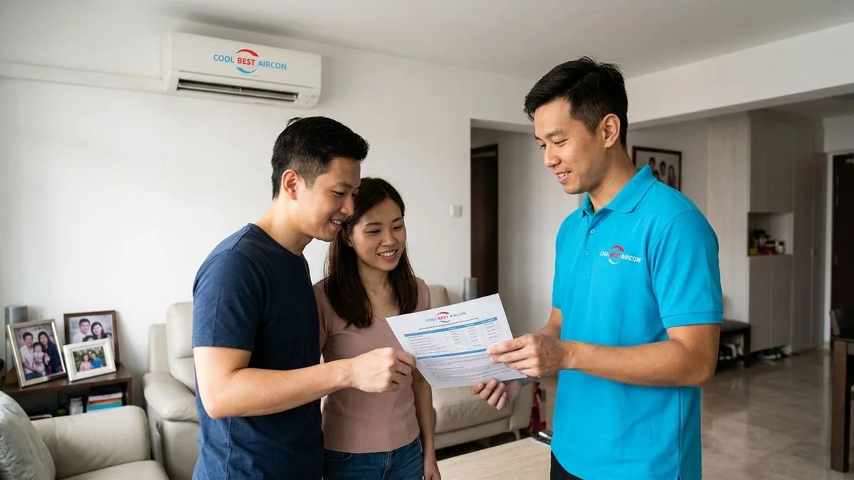 Singapore aircon technician explaining chemical wash pricing to a homeowner with an itemised quote on a clipboard