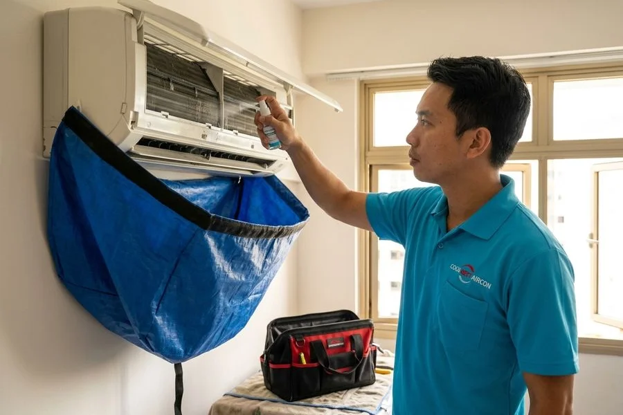 Coolbest technician performing chemical wash on a wall-mounted Daikin fan coil with chemical solution and bucket below