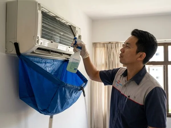 Coolbest technician performing chemical wash on a dismantled fan coil