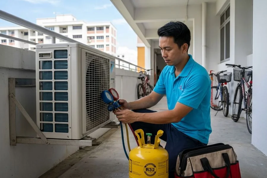 Coolbest technician charging refrigerant gas into an outdoor aircon condenser unit on an HDB external wall
