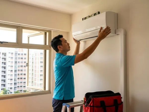 New split-type aircon installation on an HDB external wall with BCA-approved bracket