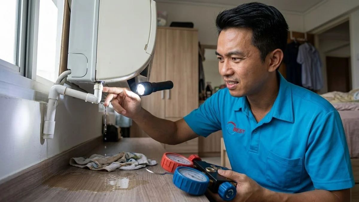 Water dripping from the front of a wall-mounted aircon onto a wet patch on the floor of a Singapore living room
