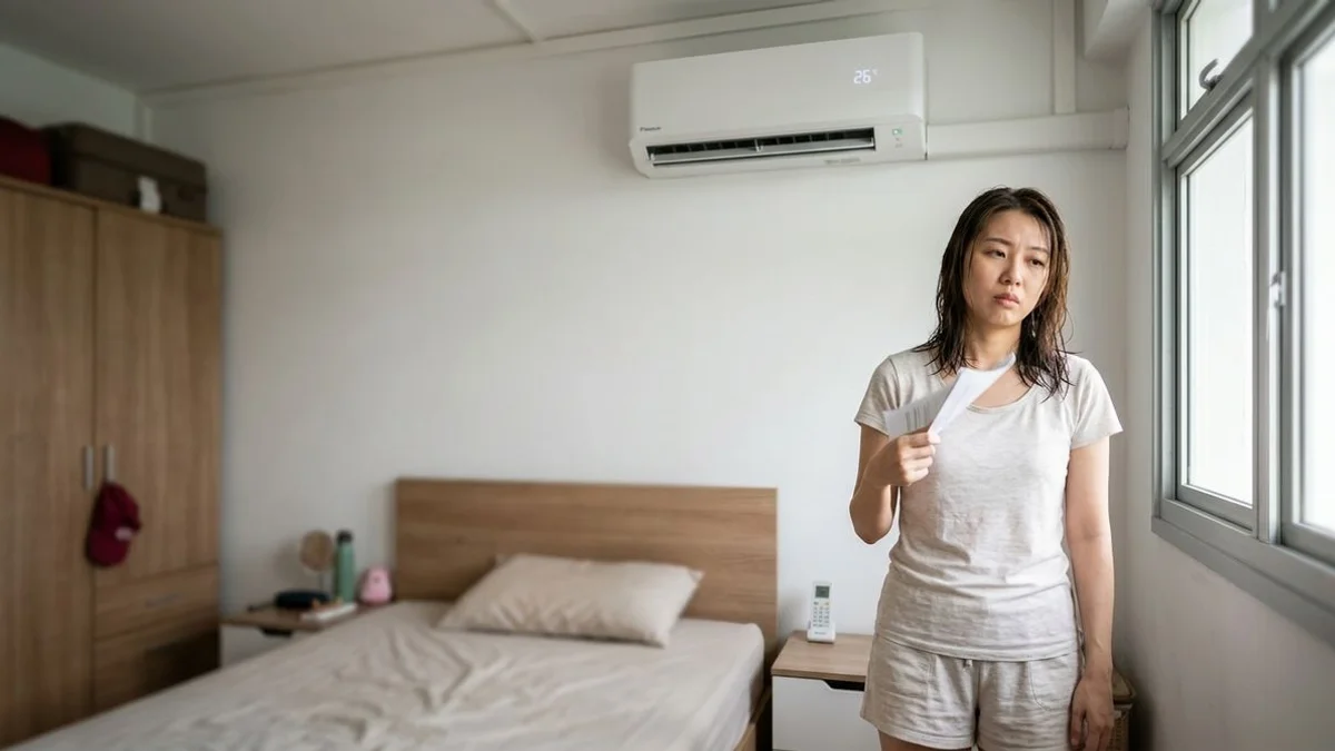 Person looking up at a wall-mounted aircon that is running but blowing warm air, with a thermostat reading too high