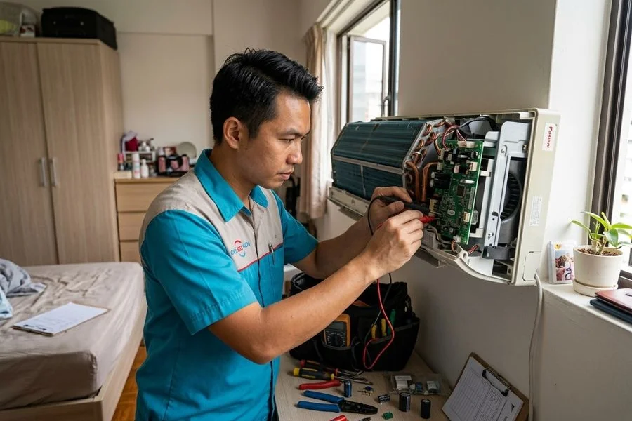 Coolbest technician using a multimeter to diagnose a faulty wall-mounted aircon in a Singapore HDB living room