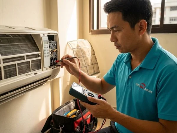 Technician diagnosing a faulty wall-mounted aircon with a multimeter