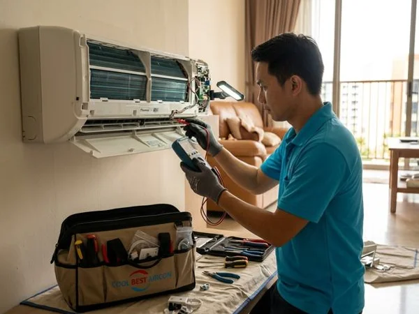 Technician diagnosing a faulty wall-mounted aircon