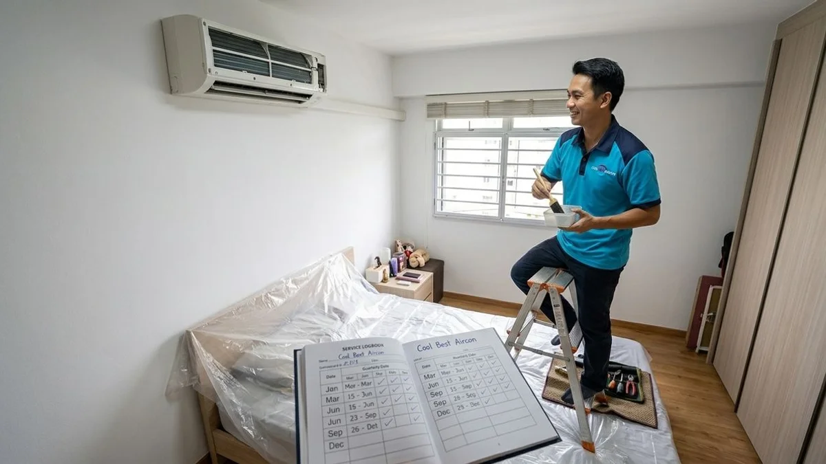 Calendar marked with quarterly aircon servicing dates next to a wall-mounted aircon in a Singapore HDB bedroom