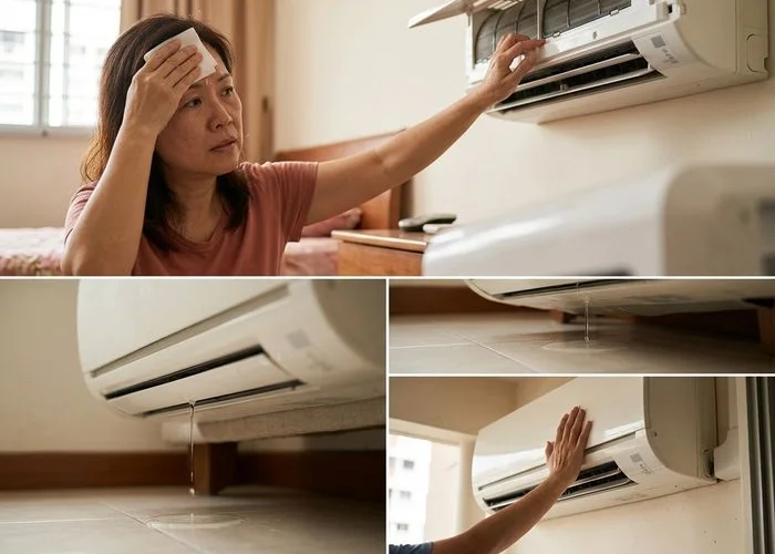 Side-by-side photo of common aircon symptoms — water dripping, frost on the pipe, and dust on the louvre