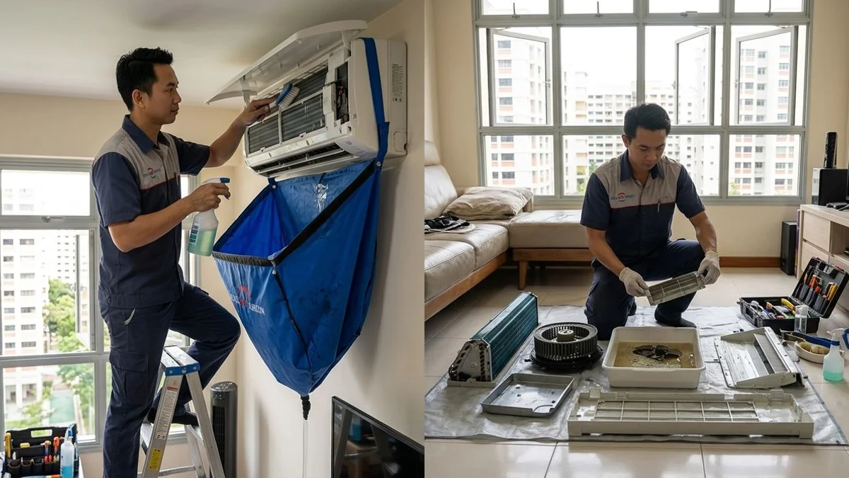 Side-by-side photo of an aircon being chemically washed in place versus a fully dismantled fan coil during chemical overhaul