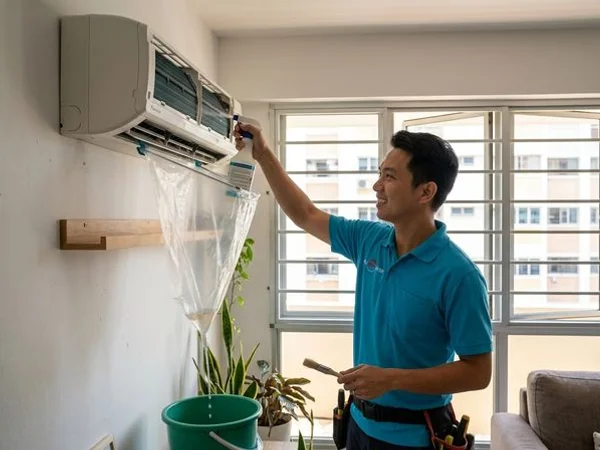 Coolbest technician chemical-washing a fan coil