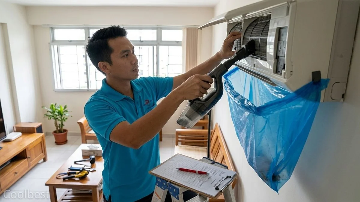 Coolbest technician working through the standard 8-step servicing process on a wall-mounted aircon in a Singapore HDB flat