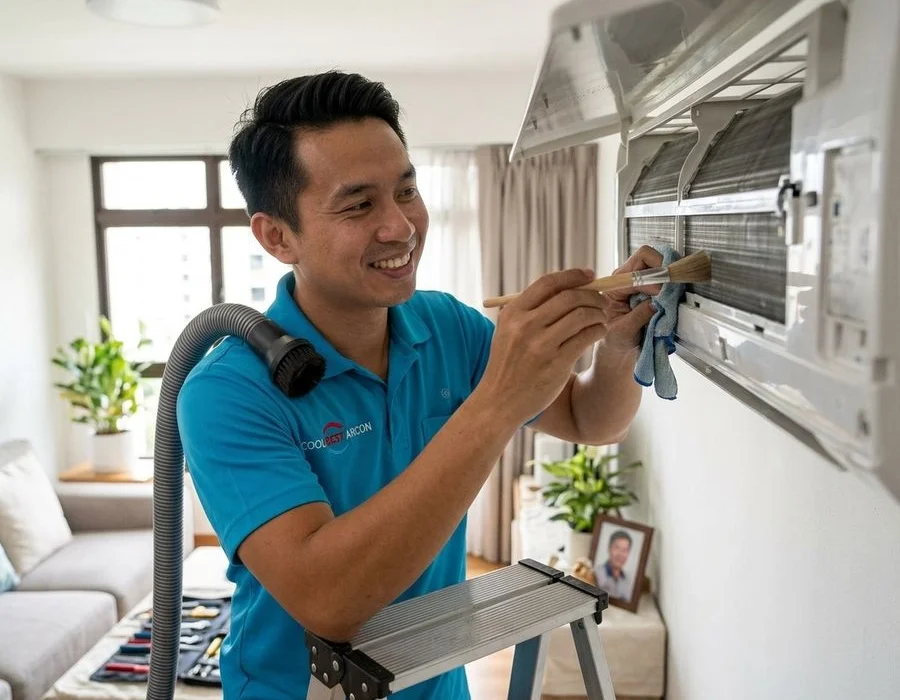 Coolbest Aircon technician in red and cyan uniform servicing a wall-mounted indoor fan coil in a bright Singapore HDB living room