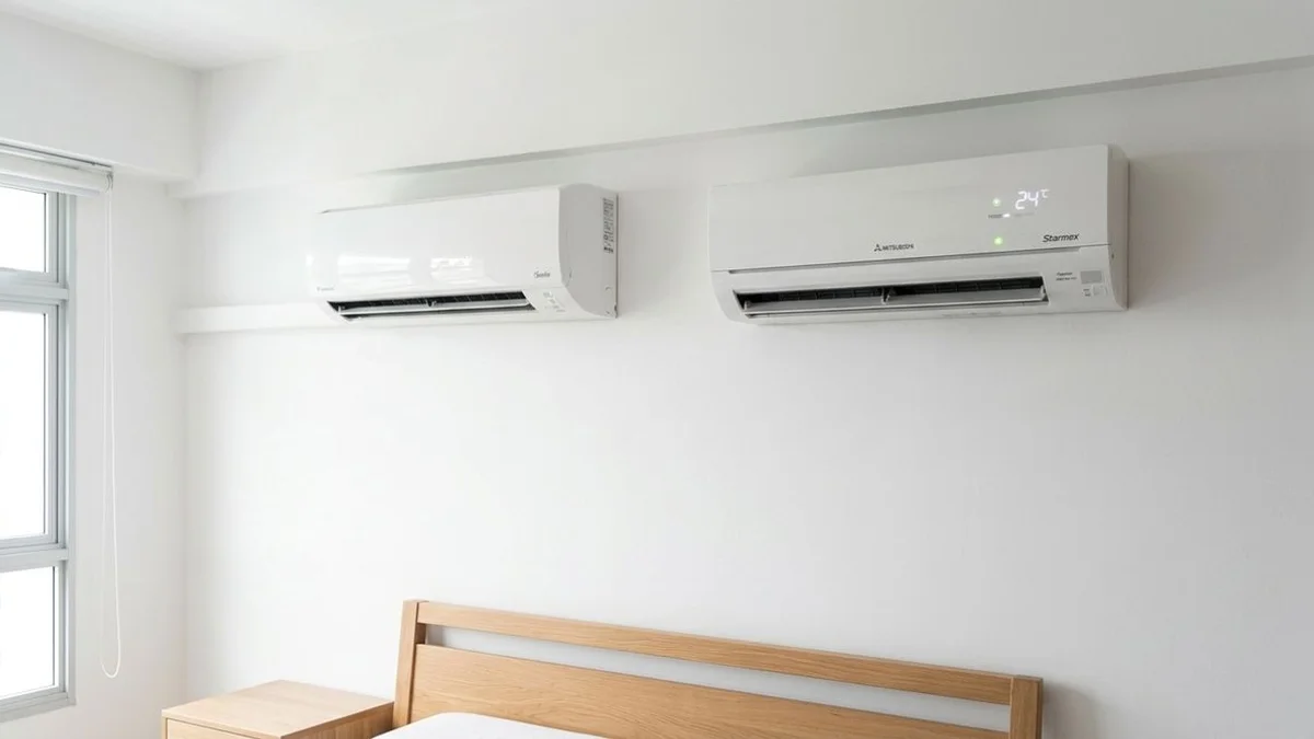 Side-by-side comparison of a Daikin iSmile and Mitsubishi Starmex wall-mounted aircon installed in similar Singapore HDB bedrooms