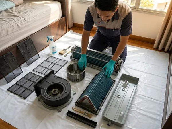 Dismantled fan coil parts laid out on a dust sheet during chemical overhaul