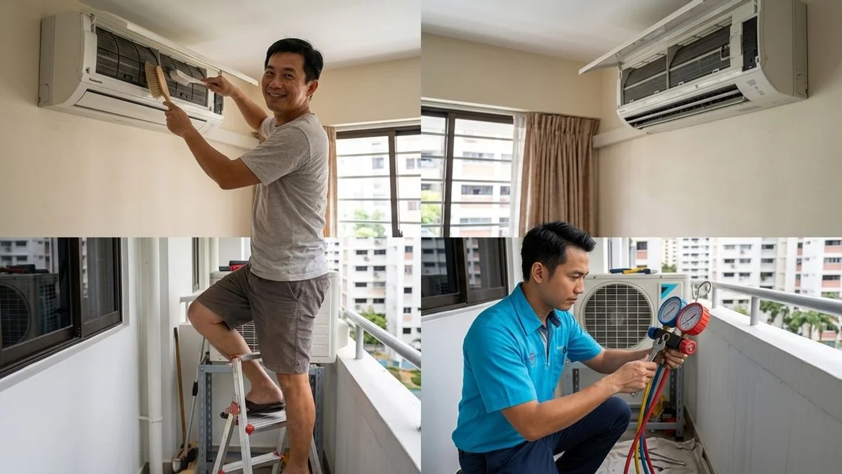 Side-by-side comparison of DIY aircon cleaning with a household sponge versus professional chemical wash with proper equipment