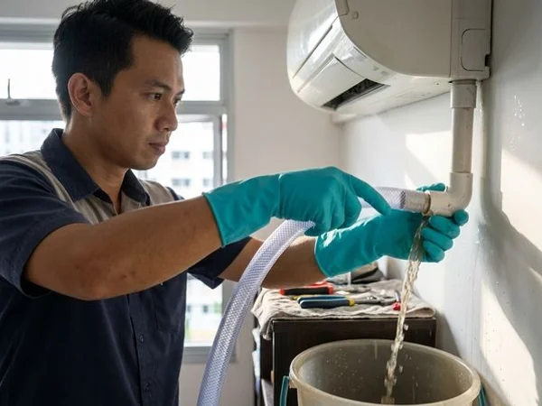 Technician clearing a blocked aircon drain pipe with a hand pump