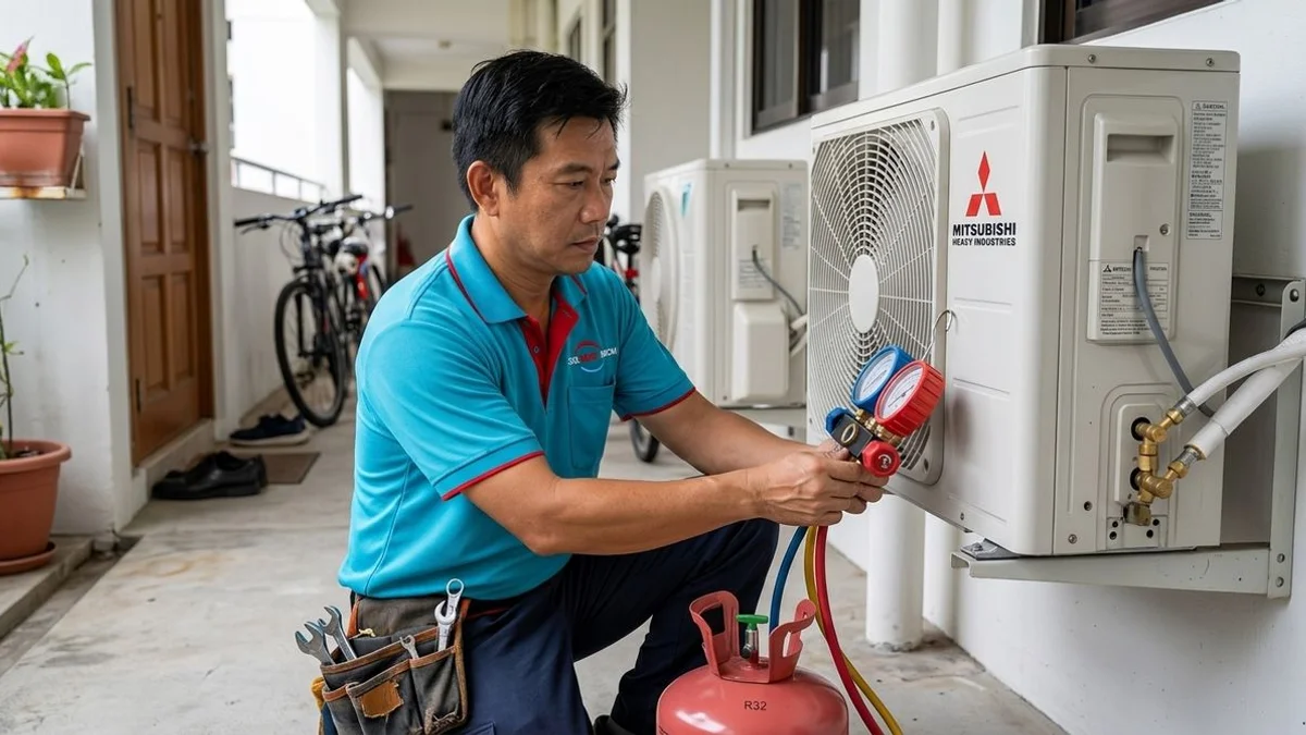 Aircon technician using pressure gauges on an outdoor condenser unit to check refrigerant level before deciding on a top-up