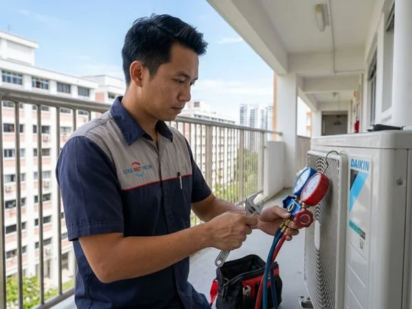 Technician charging refrigerant into an outdoor condenser