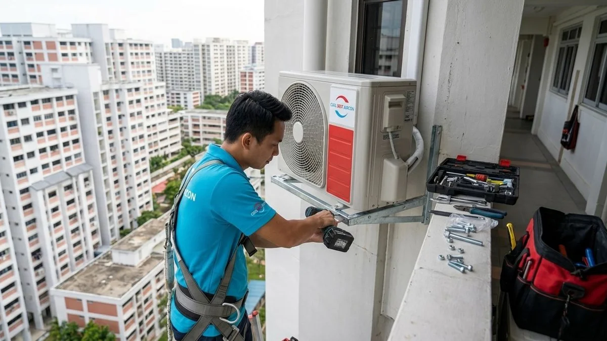 HDB-approved aircon bracket installed on the external wall of a Singapore HDB flat with proper conduit routing and drainage