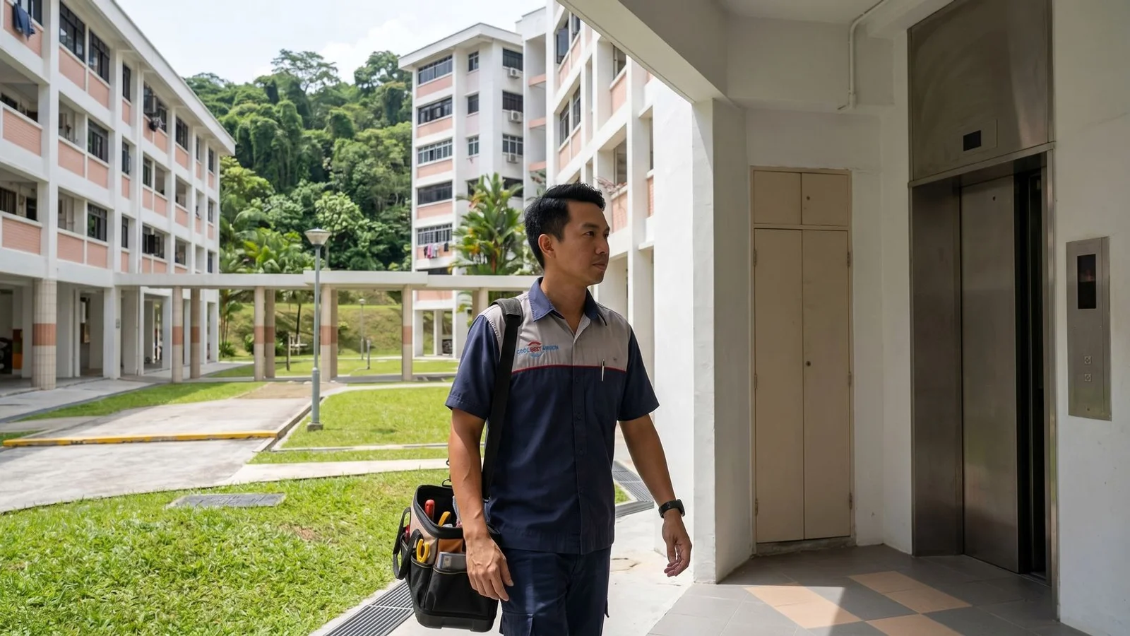Bukit Batok HDB block exterior with a Coolbest technician carrying a service toolkit