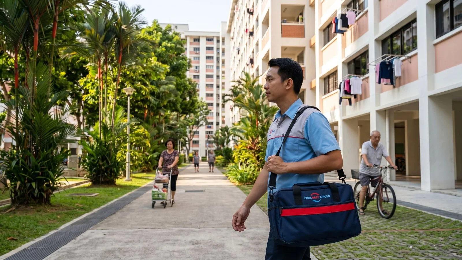 Coolbest technician walking toward a Clementi HDB block entrance with a service toolkit on a bright daylight