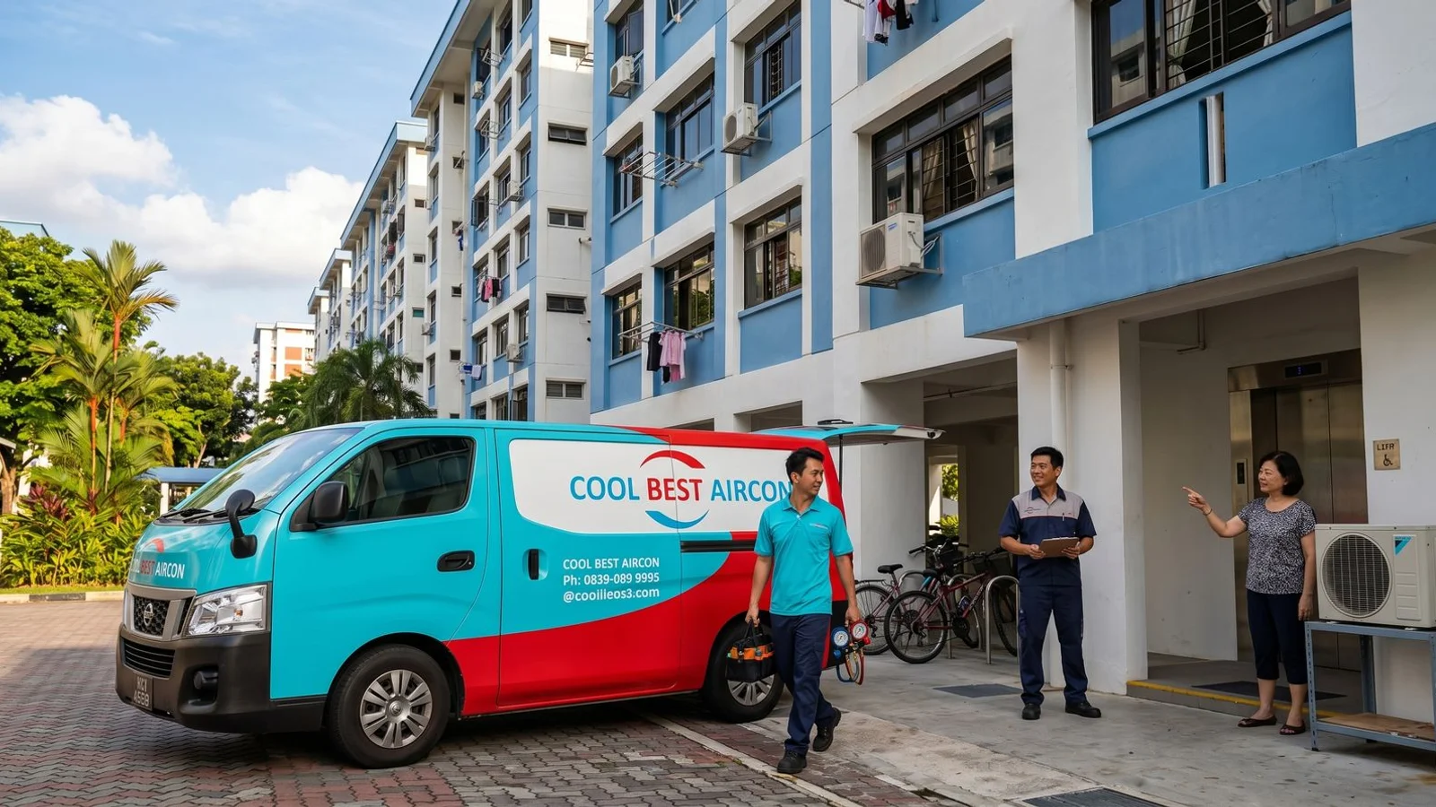 Coolbest technician van parked outside a typical Jurong West HDB block on a bright Singapore afternoon