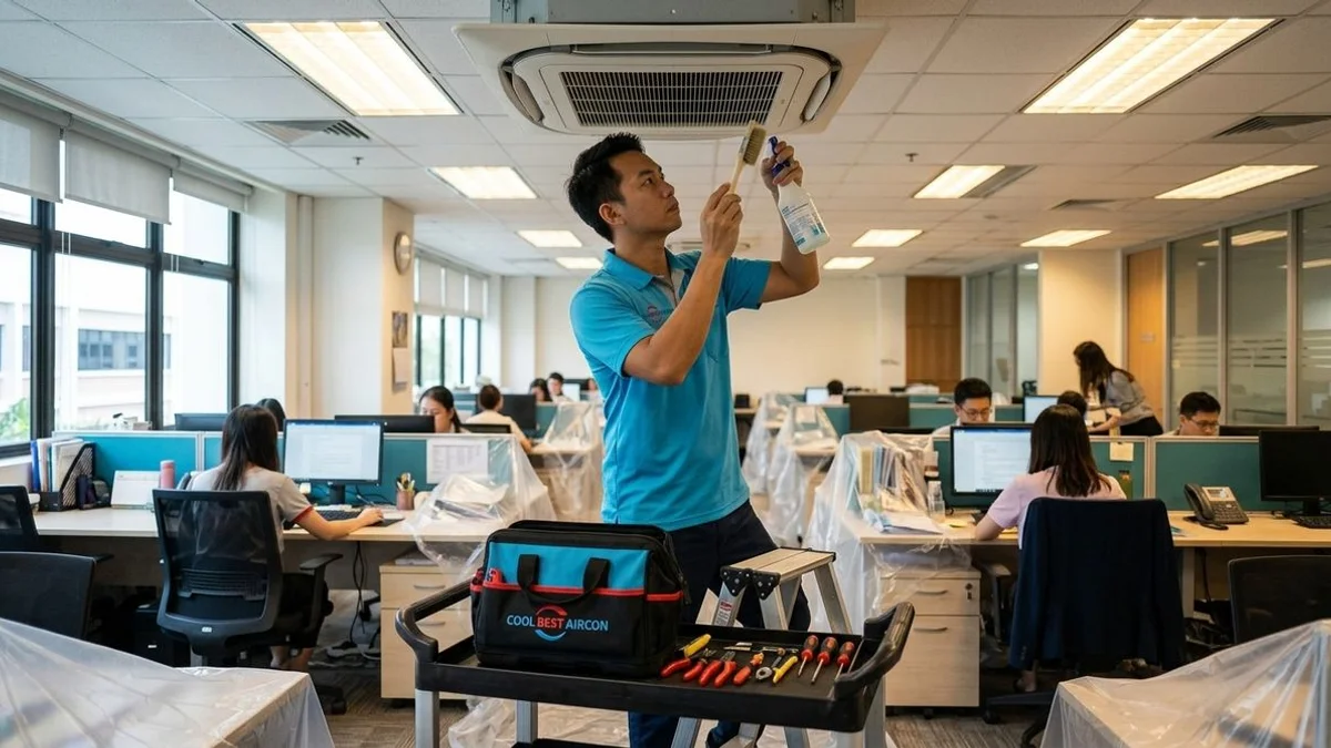Coolbest technician dismantling a fan coil in a small Jurong West office during a chemical overhaul
