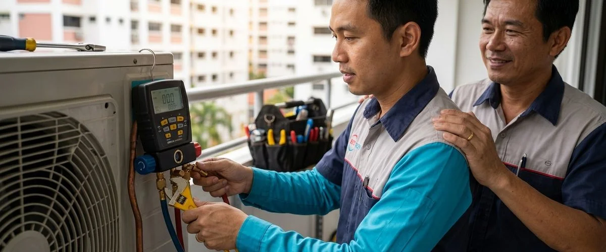 Technician using a manifold gauge to check refrigerant pressures on an HDB outdoor unit