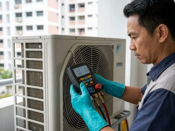 Technician using a manifold gauge to charge R32 refrigerant