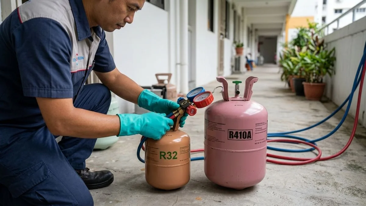 Two refrigerant cylinders side by side, one labelled R32 and the other R410A, with a Singapore aircon technician comparing pressure gauges