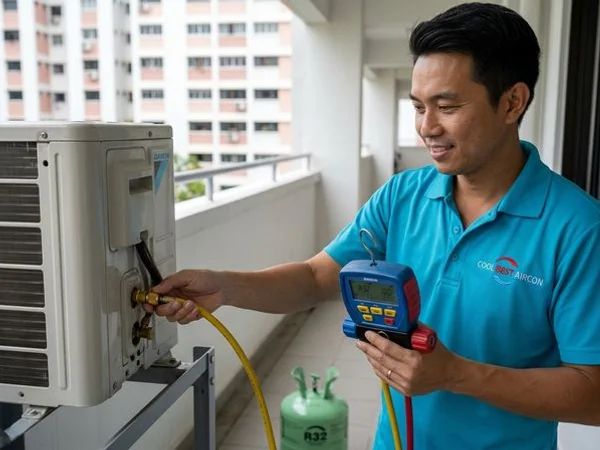 Technician charging refrigerant into an outdoor aircon condenser unit