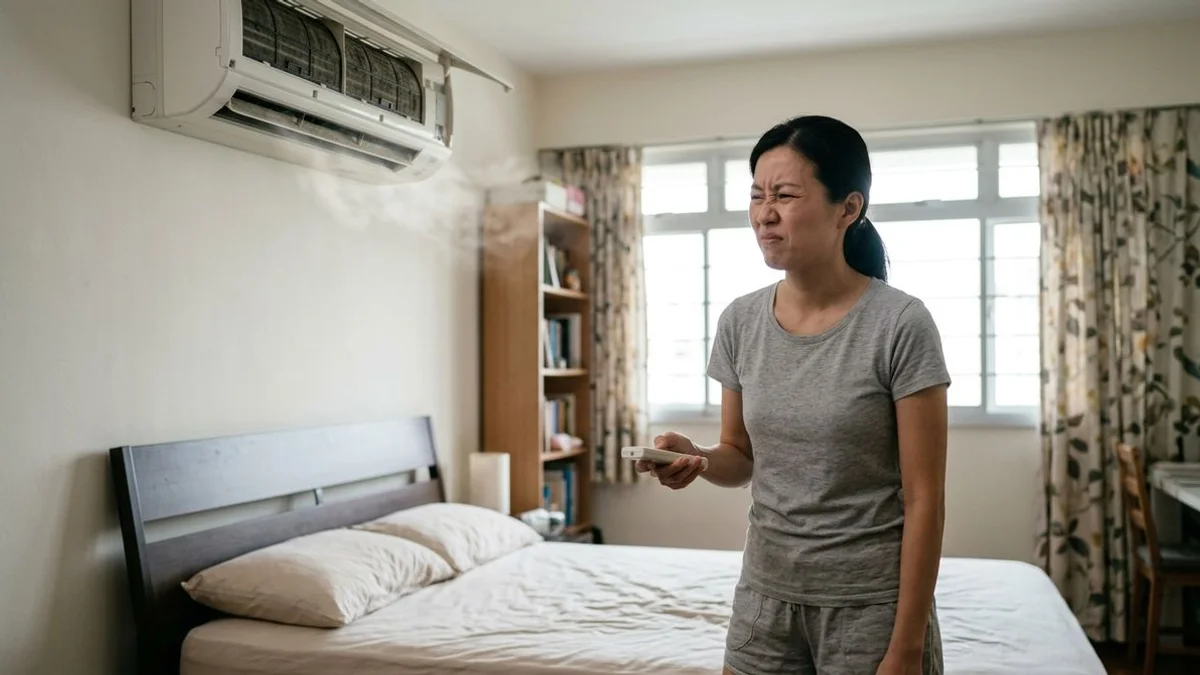 Person crinkling their nose at an unpleasant smell coming from a wall-mounted aircon they just switched on