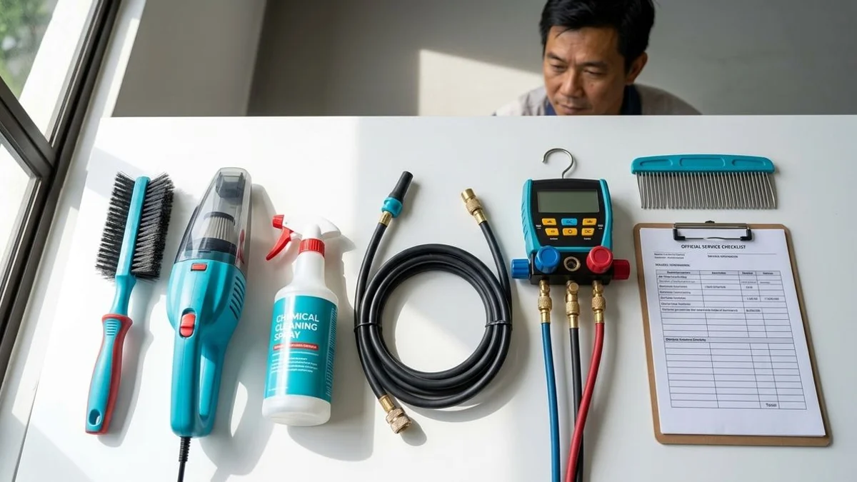 Coolbest technician's tool roll laid open beside a wall-mounted aircon — filter, brushes, drain pump, and pressure gauge ready for a standard service