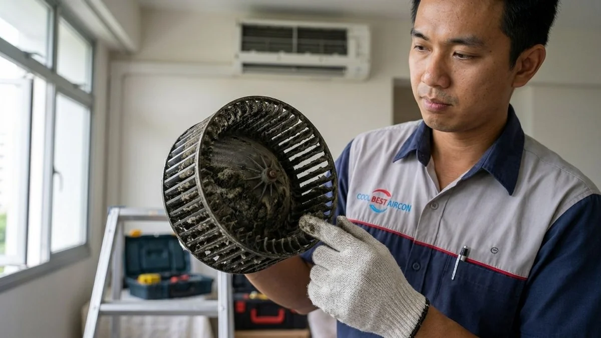 Older aircon fan coil with visible mould and biofilm — clear signs that a routine service won't be enough and a full chemical overhaul is required